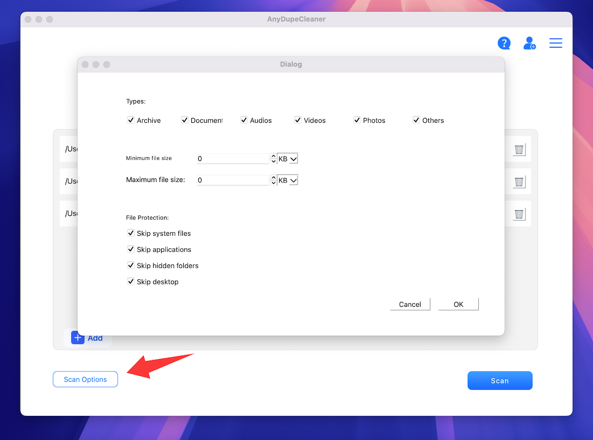anydupeclean mac scan options