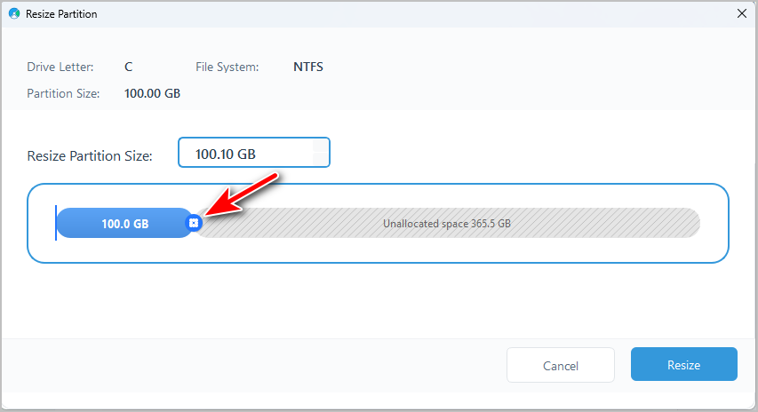 c drive before resizing action