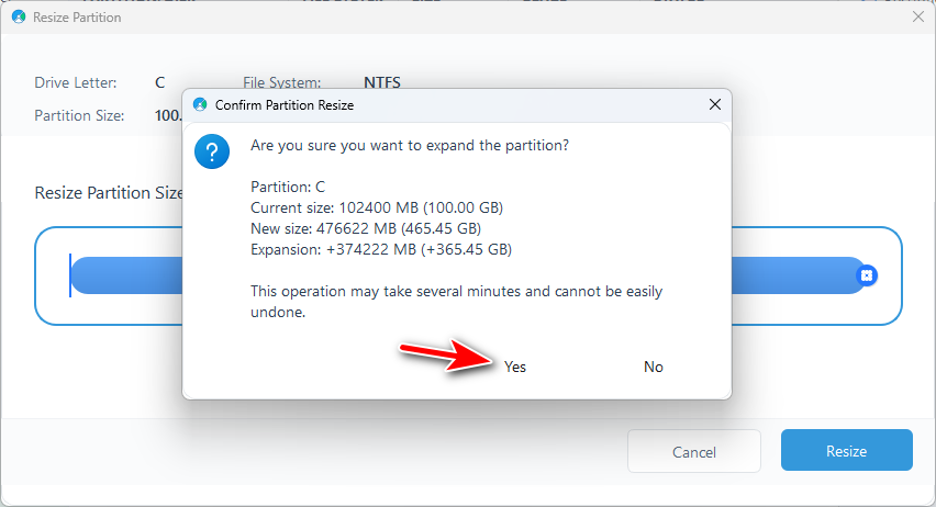 c drive resize confirm