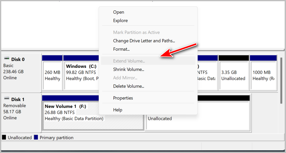 extend volume grayed out