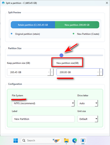 new partition size