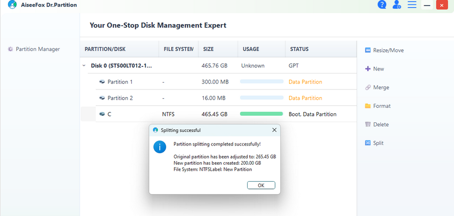 split c drive successfully