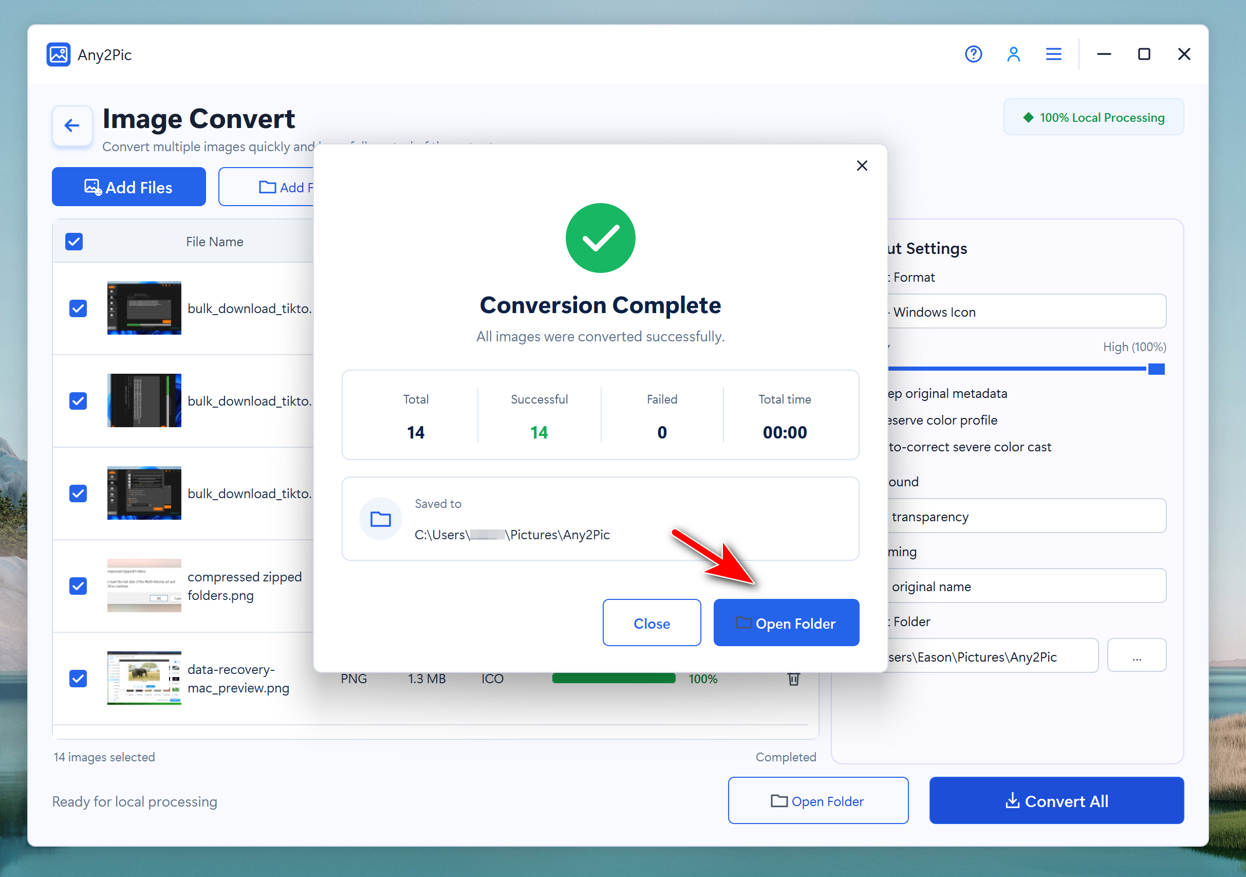 Any2Pic Convert All button for converting PNG images to ICO